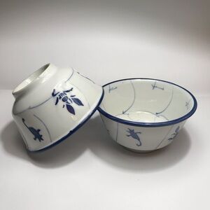 Rare Chinese Blue White Floral Porcelain Rice Noodle Bowls-Vintage set of 2
